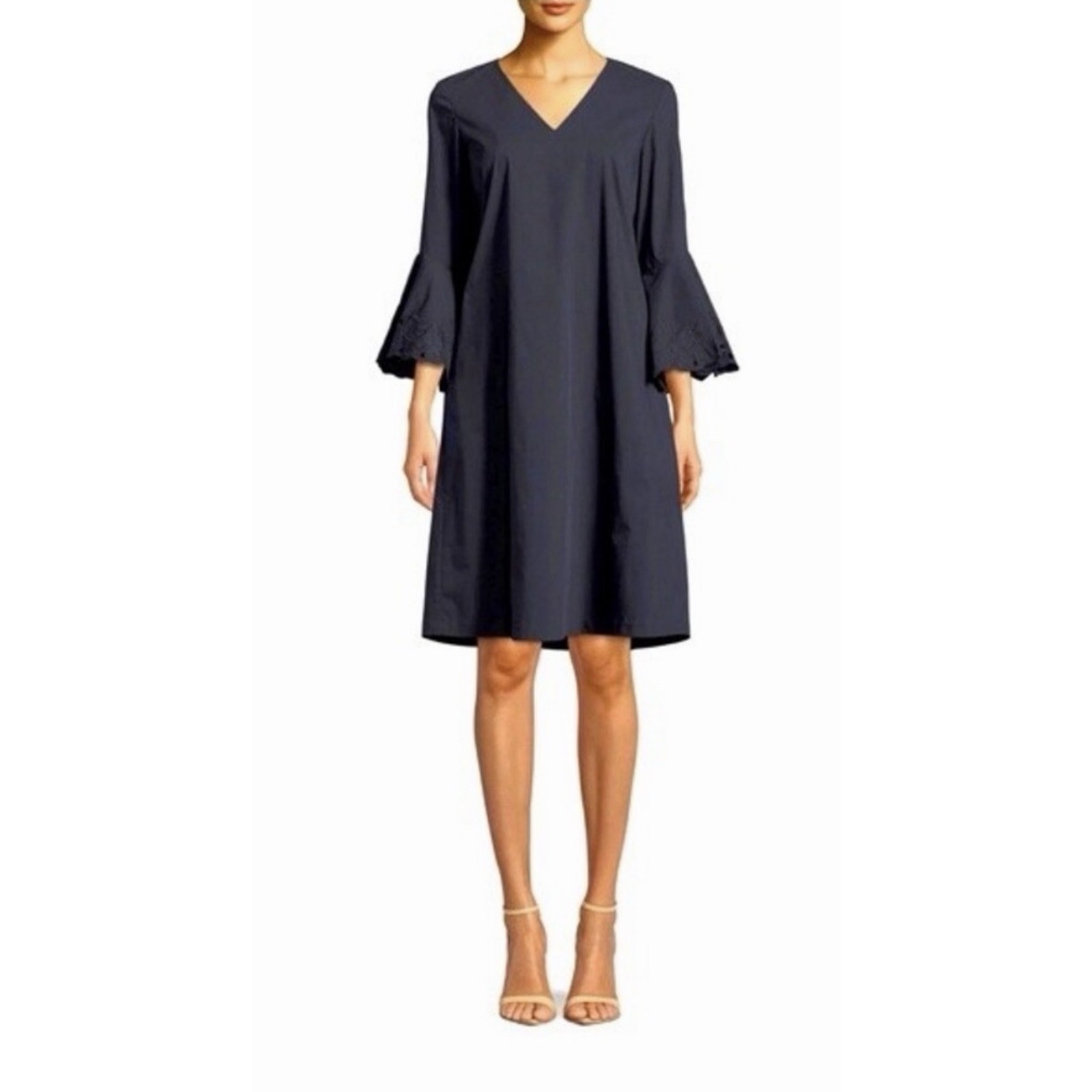 Lafayette 148 New York Holly Flared Eyelet Sleeve Dress V Neck Blue Shift Small